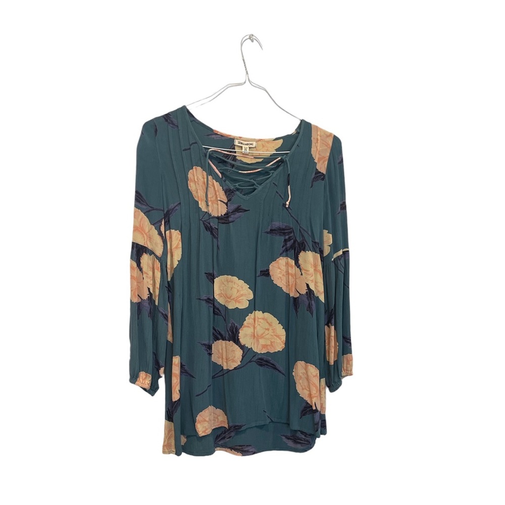 Billabong Dress Women’s XS Blue Floral‎ Front V Neck Midi Rayon